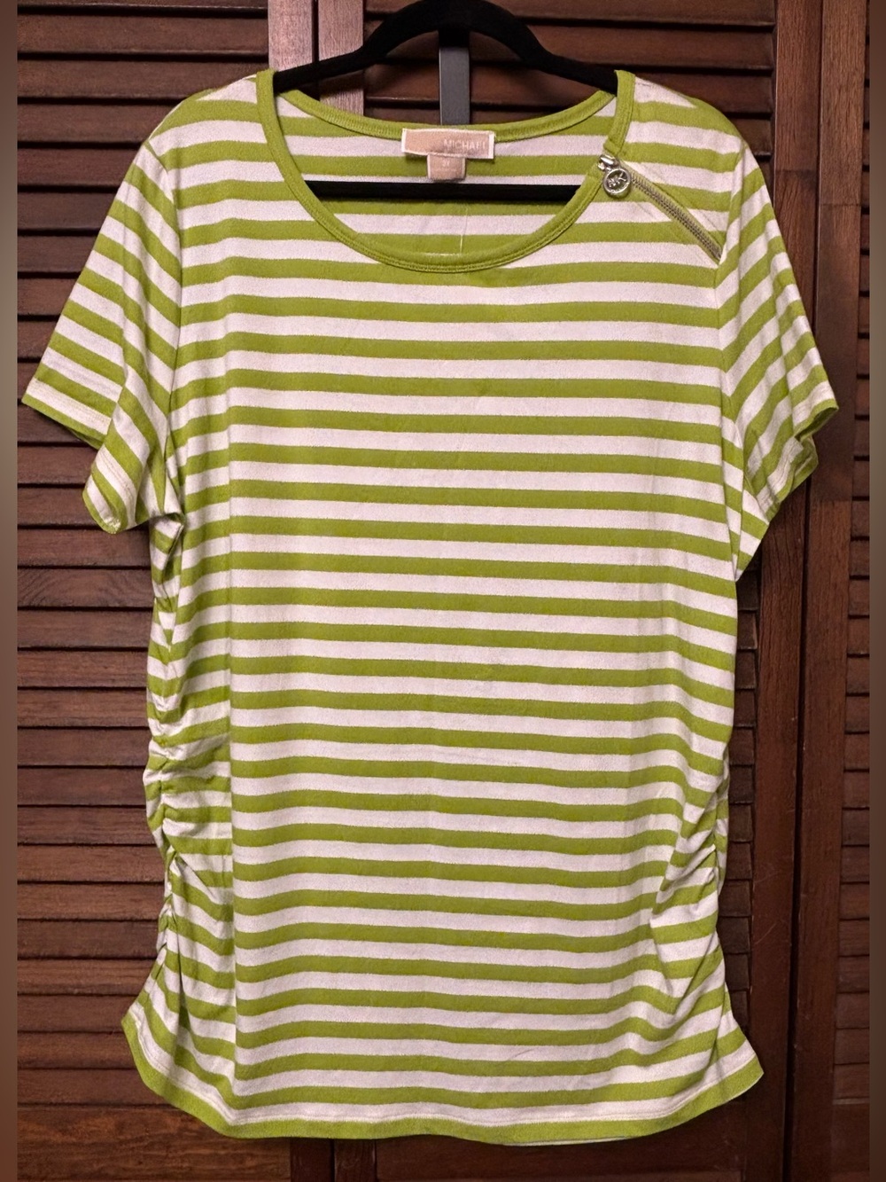 NWT MICHAEL KORS Green and White Striped Short-Sleeve Tee with Zip Detail - Picture 10 of 10